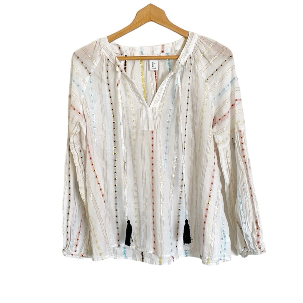 Belle Vere Boho Peasant Tassel Split White Multicolor Metallic Stripe top sz S